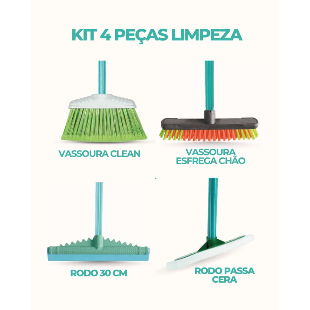 KIT 4 PEÇAS LIMPEZA - VASSOURA, VASOURÃO, RODO PASSA CERA, RODO