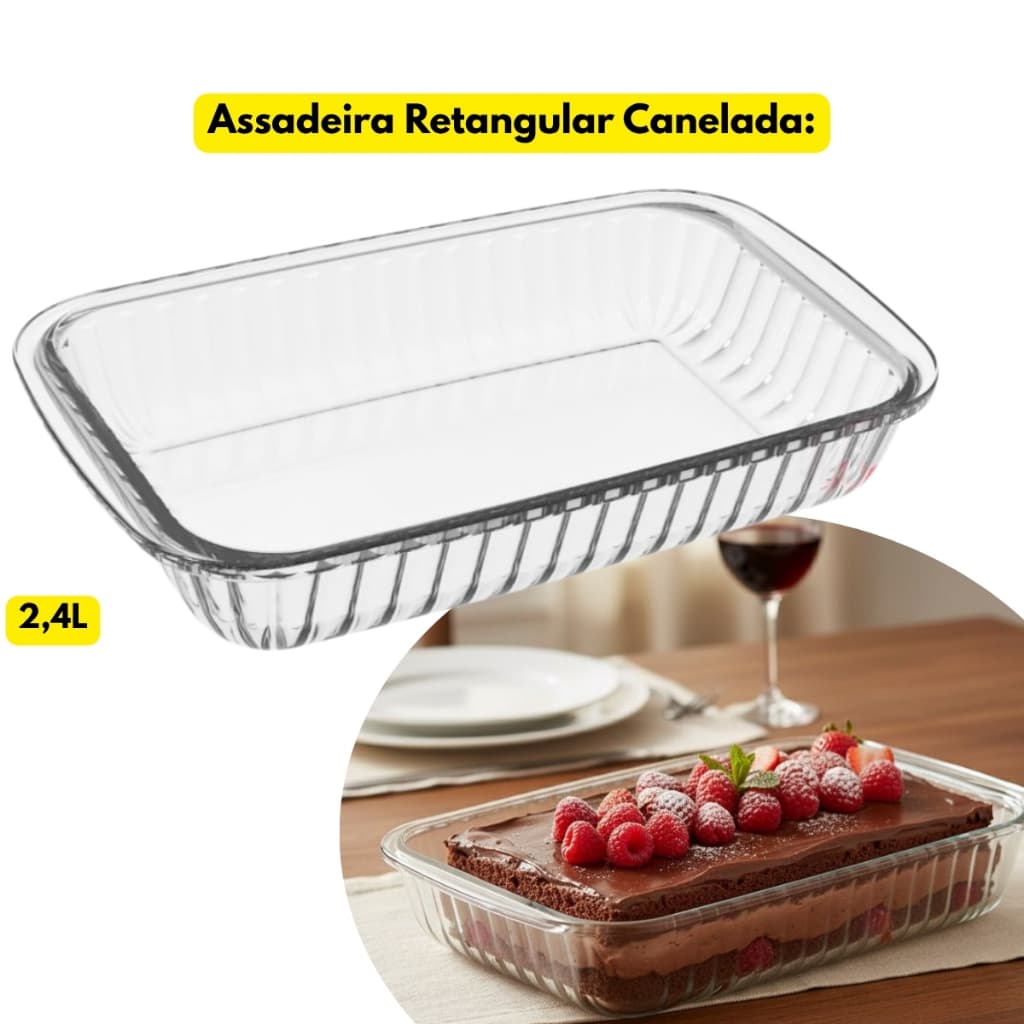 Assadeira Lasanheira Marinex Vidro Retangular Canelada 2,4L Assada Travessa Refratário Refeição