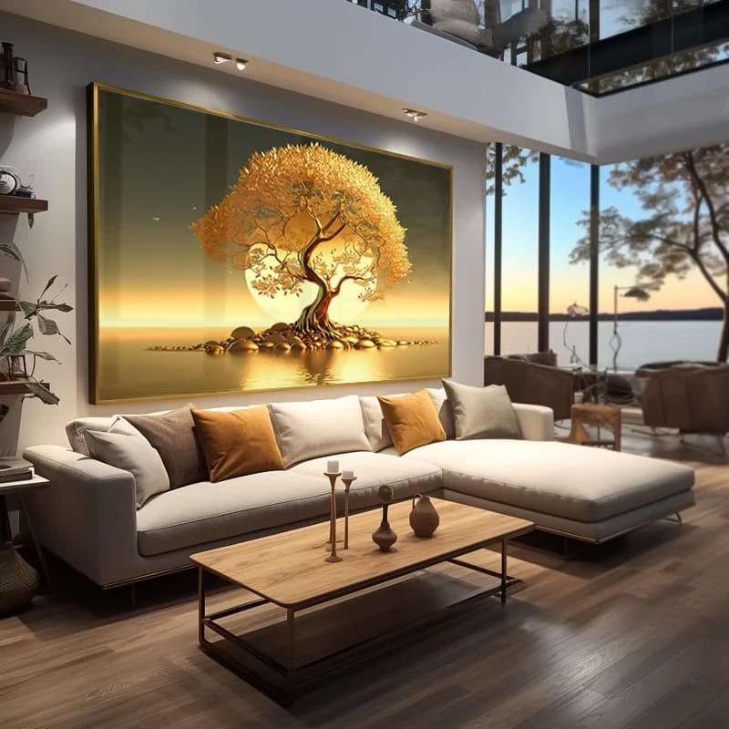 Quadro Decorativo Arvore Dourada Prosperidade Para Sala