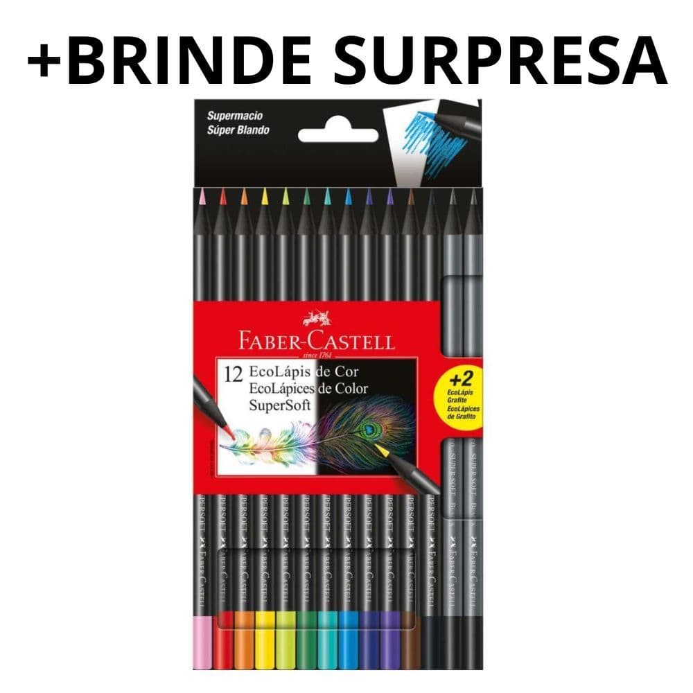 Lapis de Cor SuperSoft Faber Castell Madeira Preta C/12 Cores + 2Lápis Grafite Faber-Castell