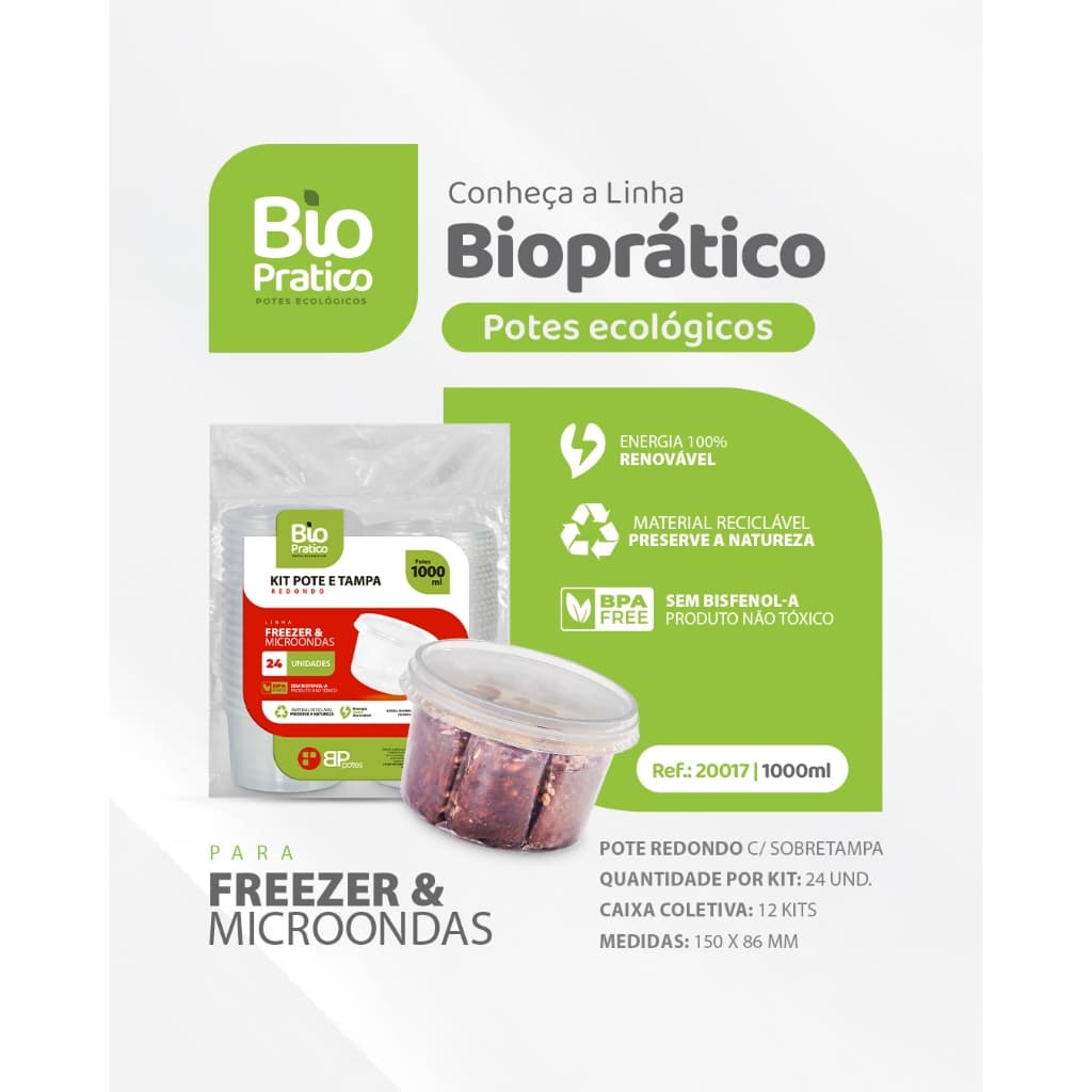 Pote Plástico Redondo 1000ml Pote Para Bolo Sorvete Doces - BP Potes kit com 24 / 48 / 72 / 96 unidades