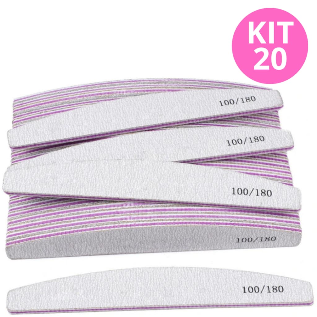 Kit 20 Lixas de Unha Bumerangue Lavável 100/180 Boomerang Alongamento Gel Fibra Lixa