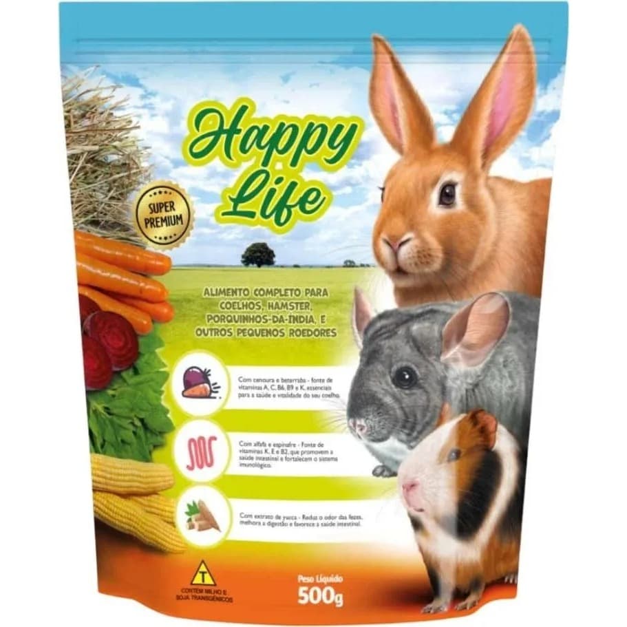 Ração Para Coelho Happy Life - 500g  -  Alimento Completo Hamster Bunny Chinchila