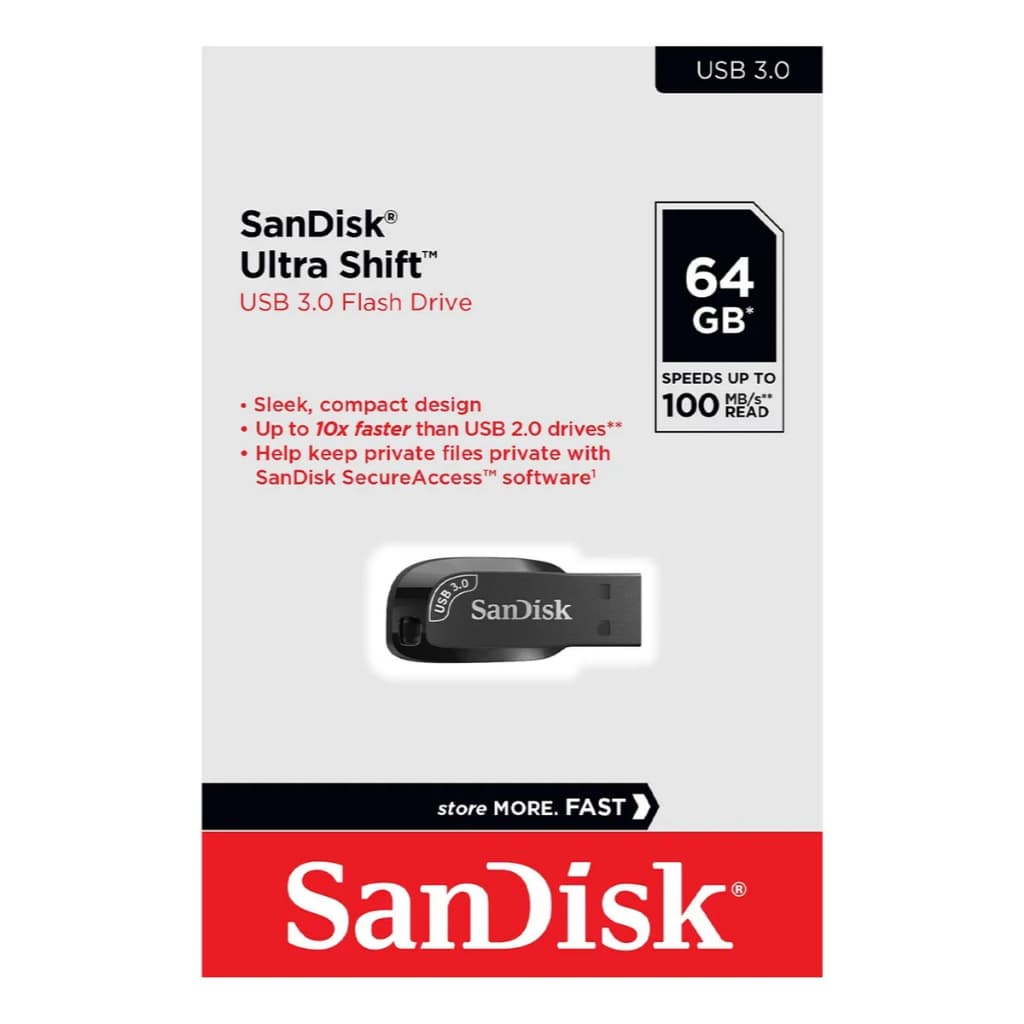 Pendrive SanDisk 100% ORIGINAL Ultra Shift 64GB USB 3.0 Preto 10X MAIS RÁPIDO