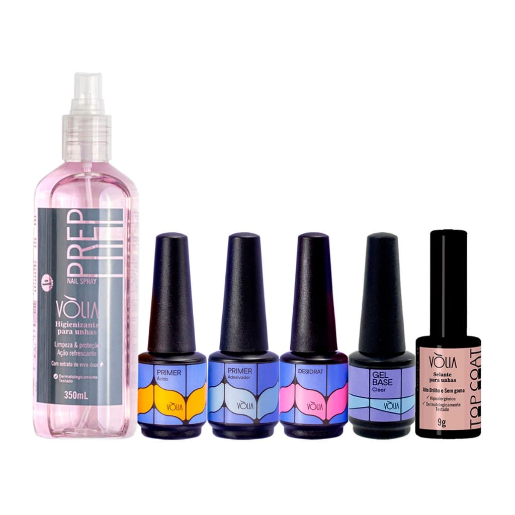 Kit Vòlia - Gel Base + Prep Higienizador + Primer Ácido / Adesivador + Desidratador + Top Coat Clear