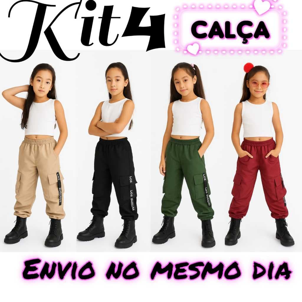 Kit 4 Calças Jogger Tactel Menina com Bolsos – Tamanhos 6 ao 16