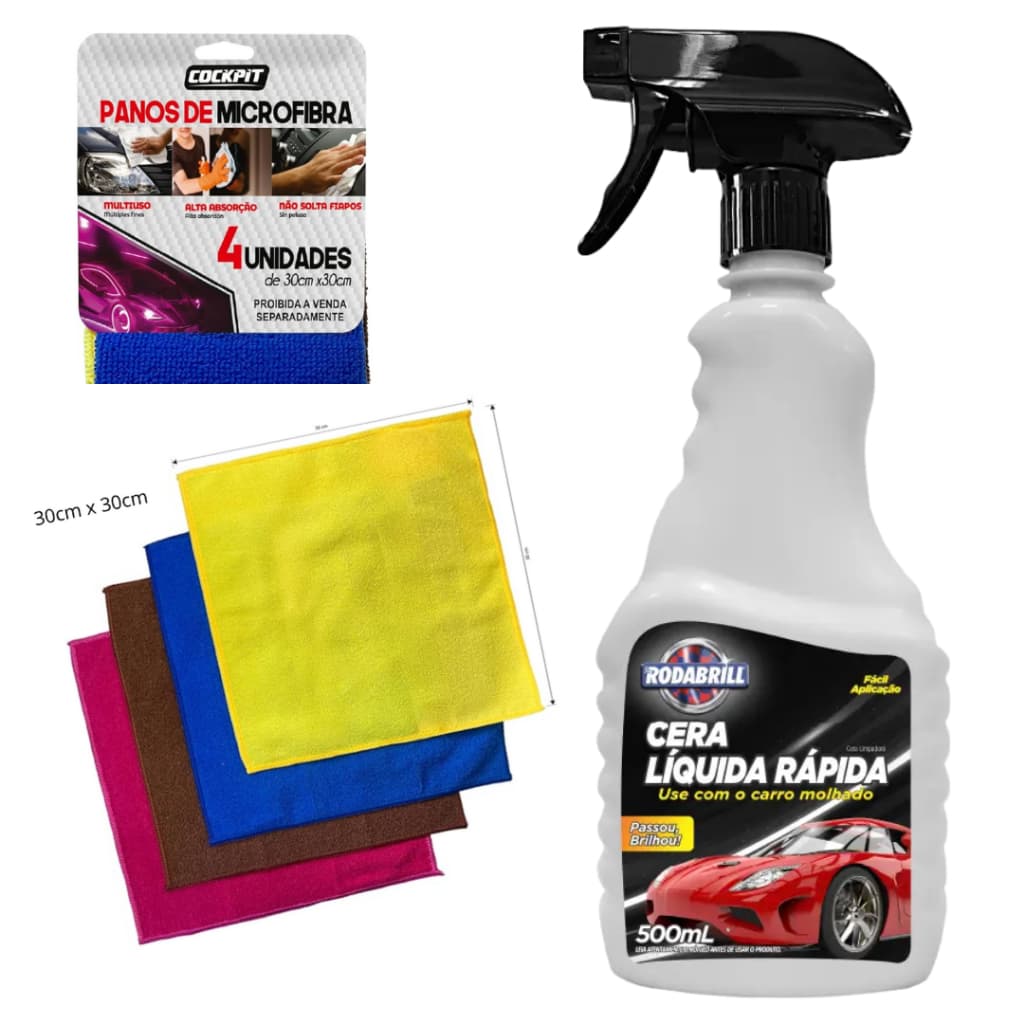 Cera Líquida BRILHO IMEDIATO c/ CARRO MOLHADO 500ML Rodabrill + Opção c/4 Panos Microfibra (ESCOLHA)
