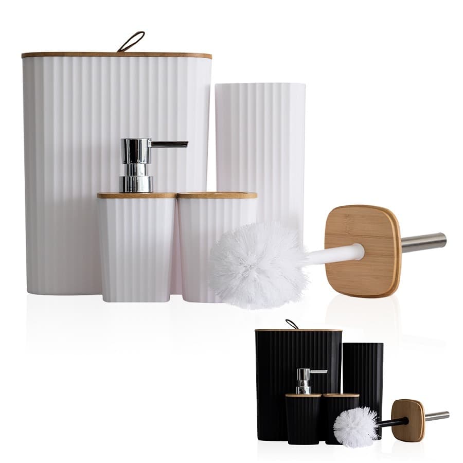 Kit Banheiro  Quadrado 4 peças tampa de bambu com lixeira cesto de lixo escova sanitaria