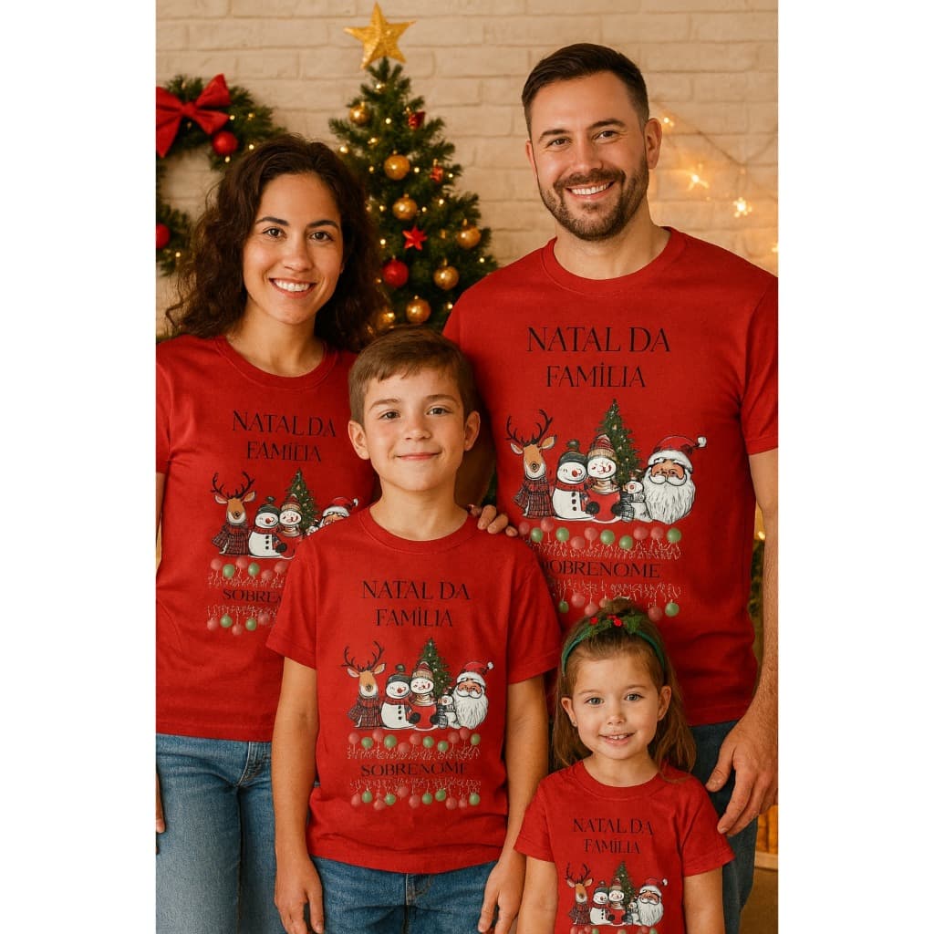 Camiseta Natal Família 👕 Personalizada com Sobrenome 🎅 Verde Vermelho Branco | Look Natalino