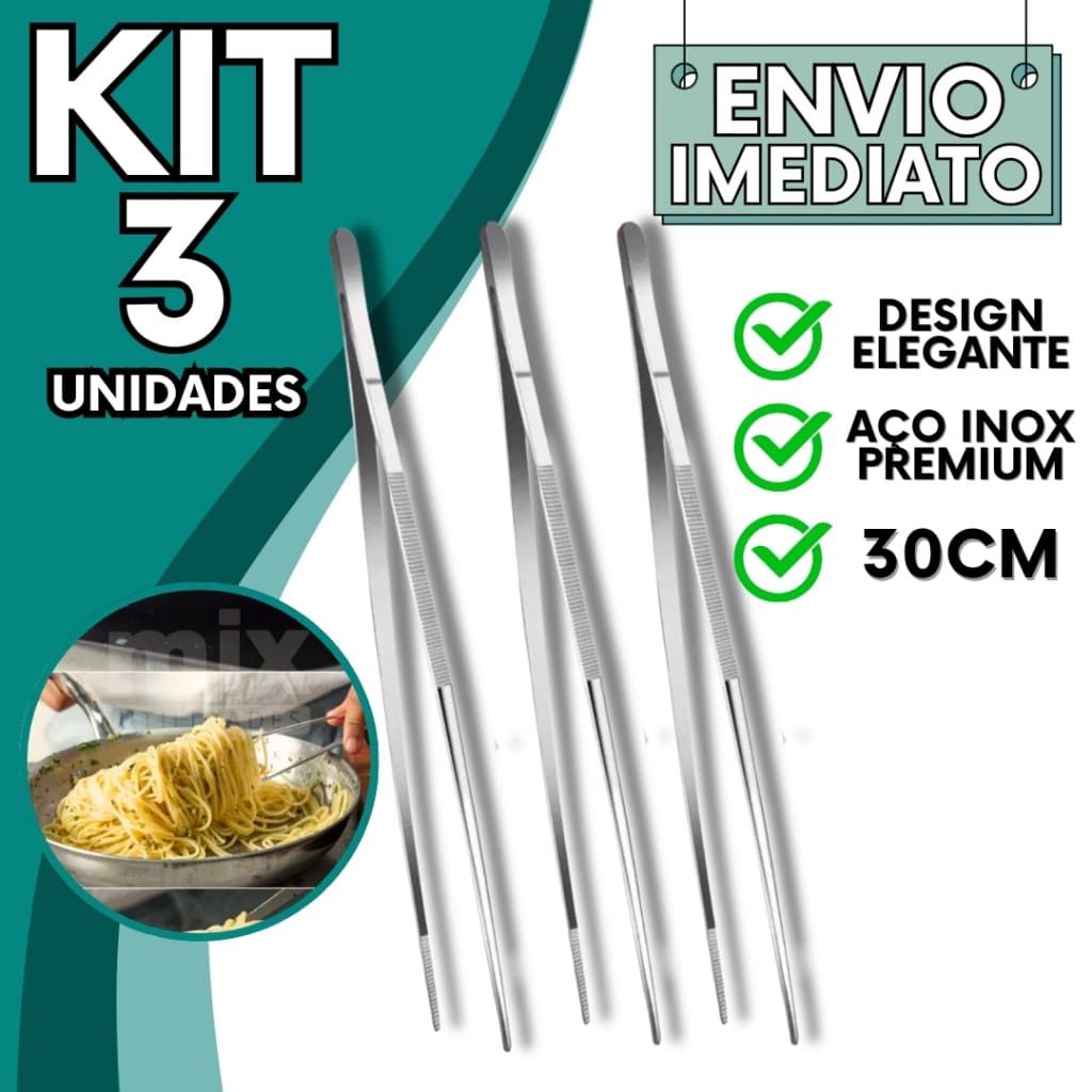KIT Jogo 3 Pinça Culinaria Pegador 30cm Aço Inox Polido Profissional Resistente Barman Bartender Para Bares Restaurante