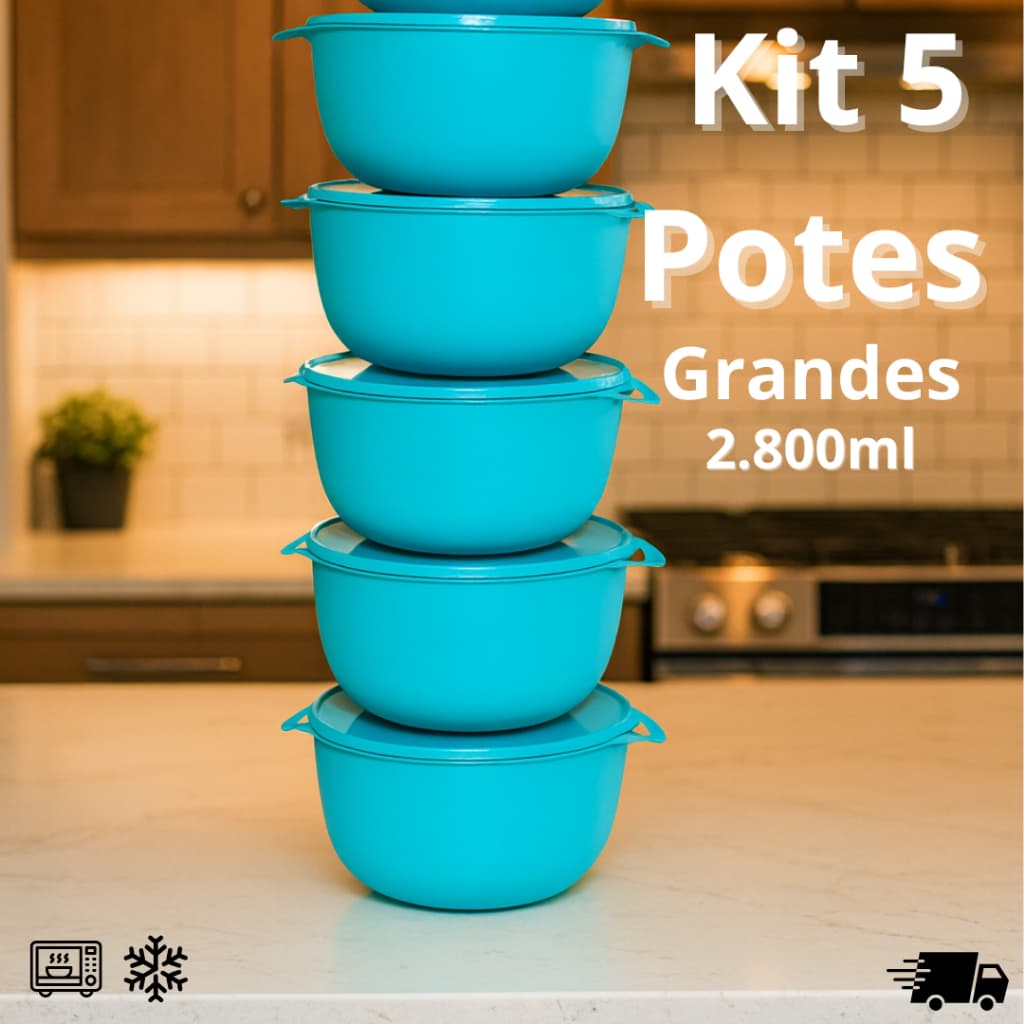 Kit com 5 Potes Grandes 2.800ml Bowl Redondo para Armazenar e Congelar Alimentos