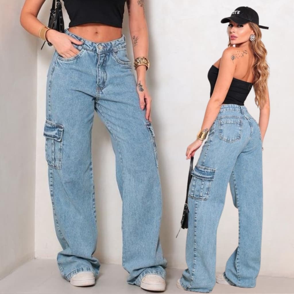 Calça Jeans Cargo Feminina Wide Leg com Bolsos Laterais Cintura Alta Camarote Jeans