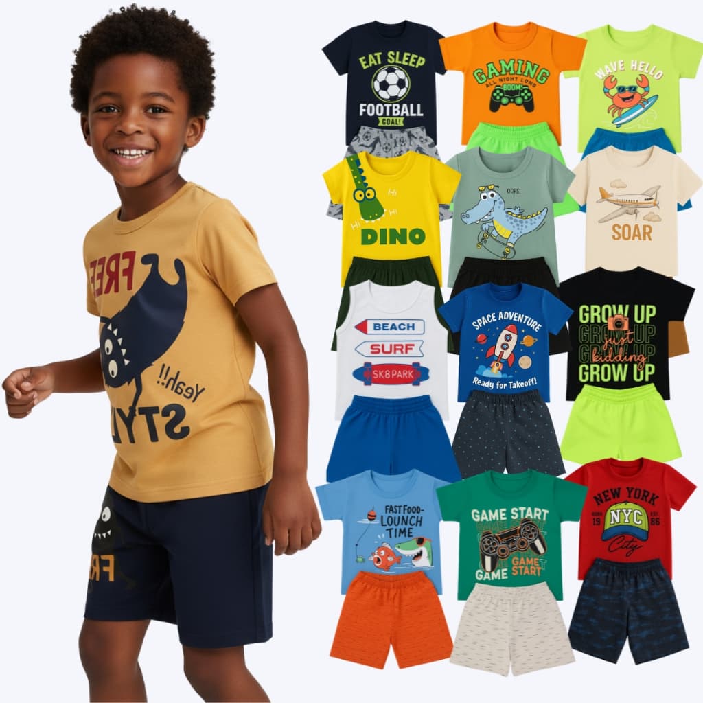 Kit 10 Peças Conjunto Estampado Infantil Verão Masculino ou Kit 6 Peças de Roupas Menino 1/8 anos