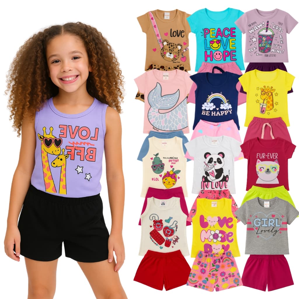 Kit 10 Peças de Roupas Verão Menina Infantil Bebê - Kit 5 Conjunto Menina Verão - Tamanho 1 a 8 anos