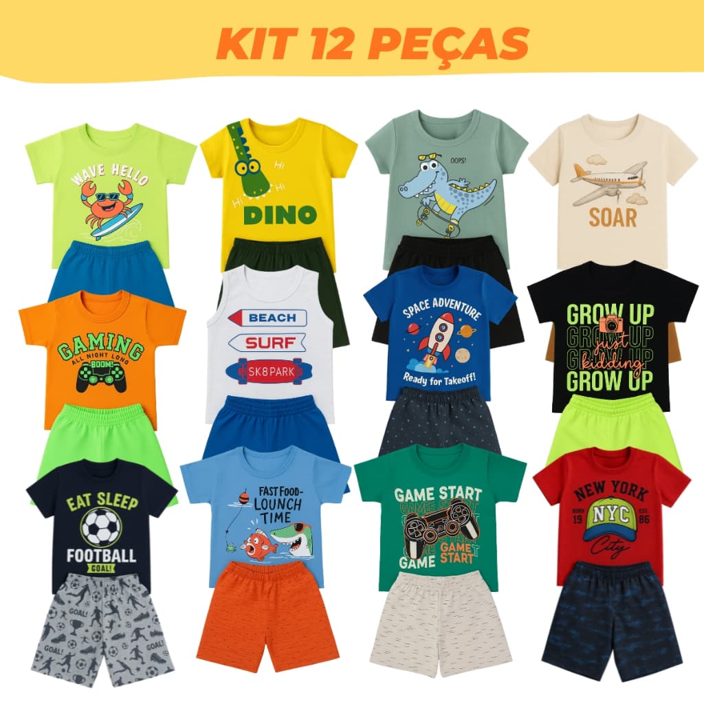 Kit 12 Peças Roupas Infantil Sortido 1 a 8 anos Conjunto Verão Menino (6 conjuntos)