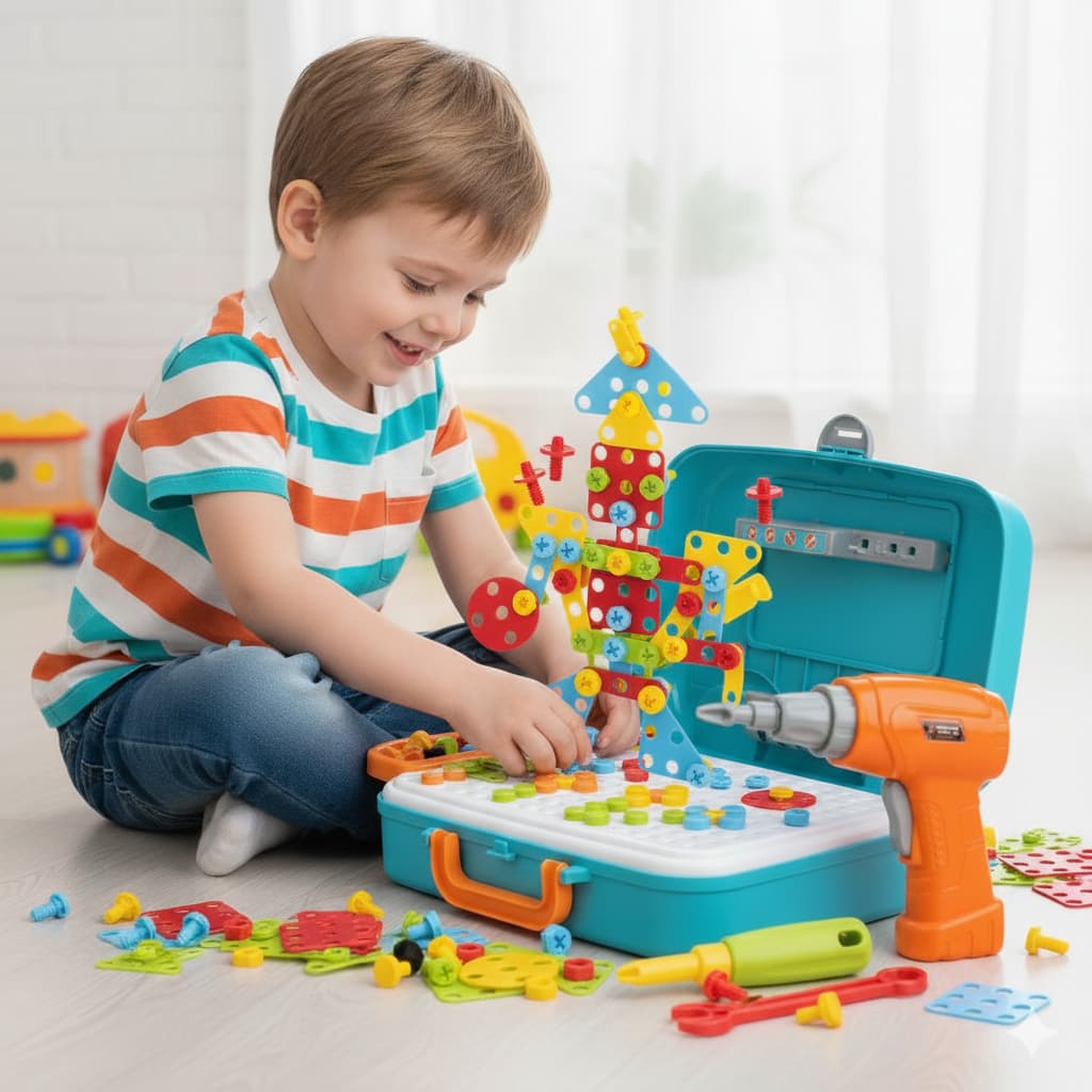 Kit Maleta de Ferramenta Infantil Monta e Desmonta Parafusadeira Peças de Montar Brinquedo Criança