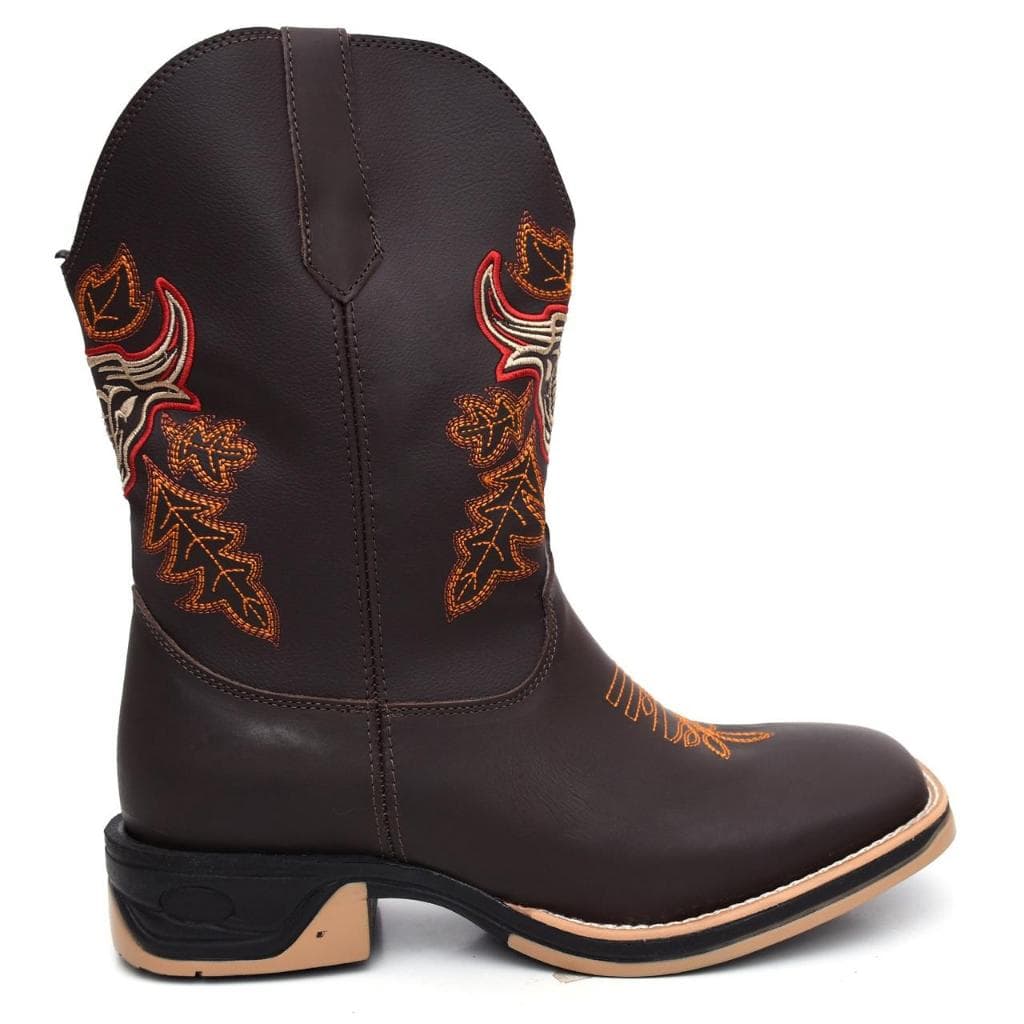 Bota Texana Masculina Marrom Sola Jump Bordado Laranja