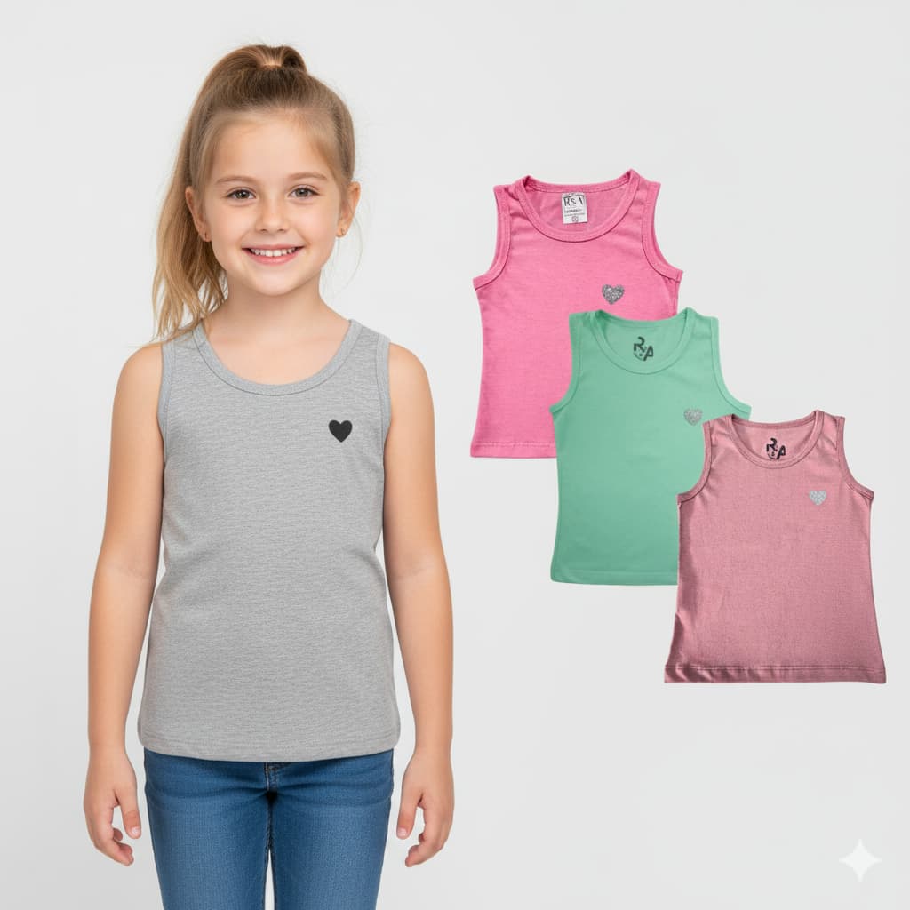 Kit 3 Regatas Infantis Femininas Algodão Conforto para Meninas Ativas