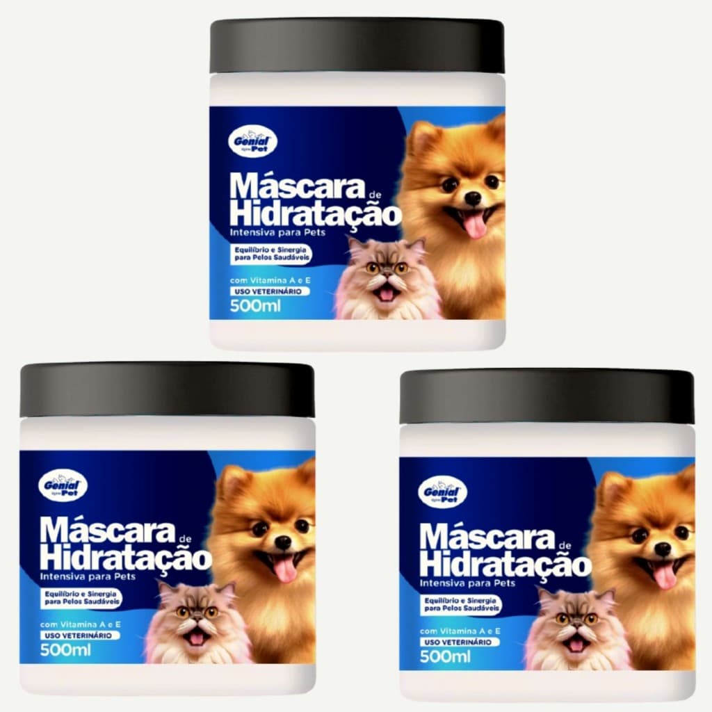 Kit 3 Máscara de Hidratação Intensiva Condicionador Pet Shop Cachorro e Gato Vitamina A e E Pet Genial 500 Ml