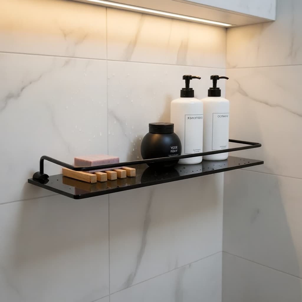 Prateleira Porta Shampoo - Vidro -  40x10cm 8mm - Grade Preta