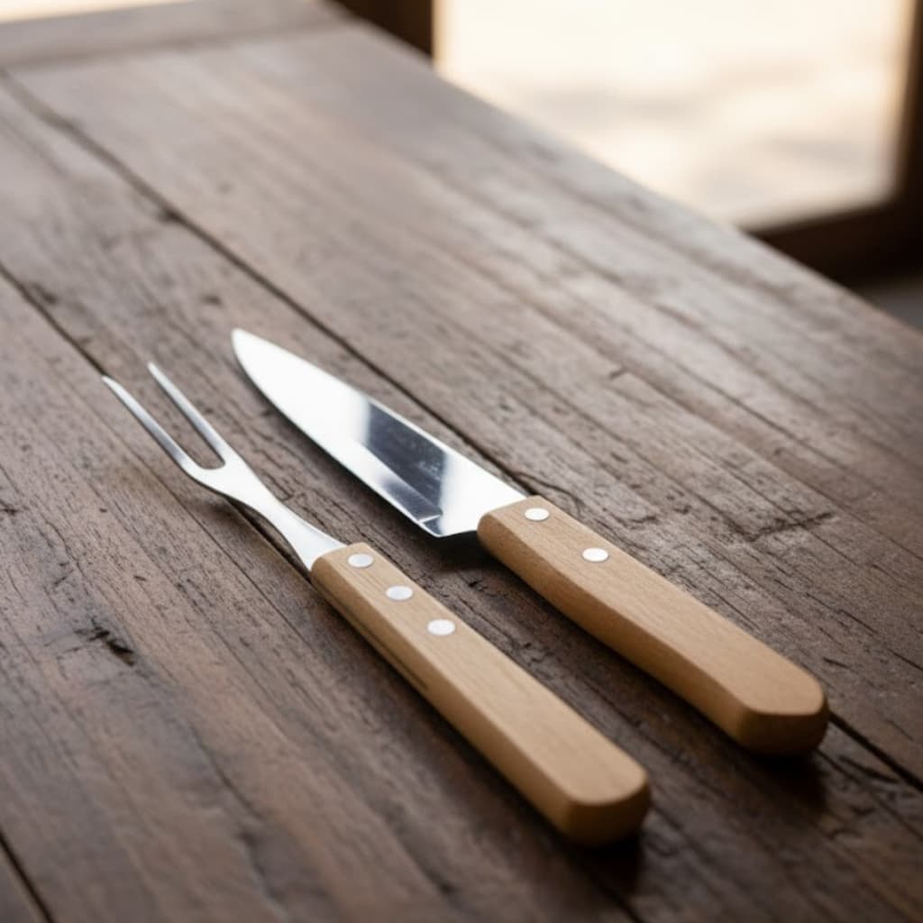 Kit Churrasco 2 Peças Profissional - Faca e Garfo Trinchante Cabo de Madeira - Aço Inox Utensílios Churrasqueiro