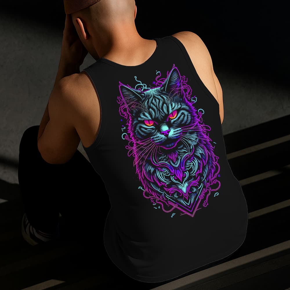 Camiseta Regata Masculina Estampada Gato Roxo 100% Algodão Estilo Conforto Diário Do Tamanho P ao GG