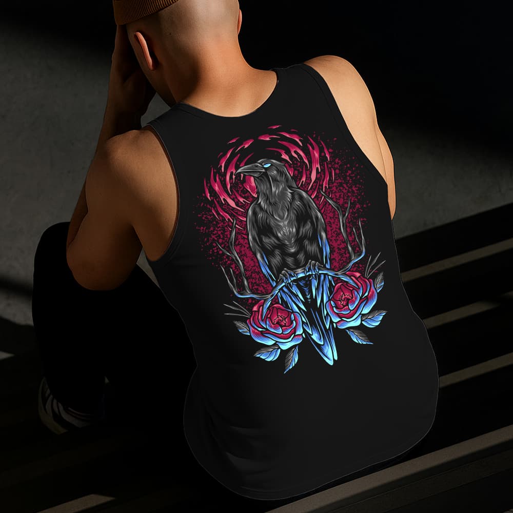 Camiseta Regata Masculina Estampada Corvo e Rosas 100%Algodão Estilo Conforto Diário Do Tamanho P GG