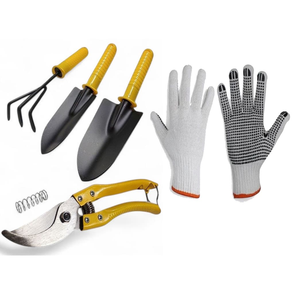 Kit 5 Peças Jardinagem Ferramentas Tesoura Para Poda Ancinho Luva Jardineiro