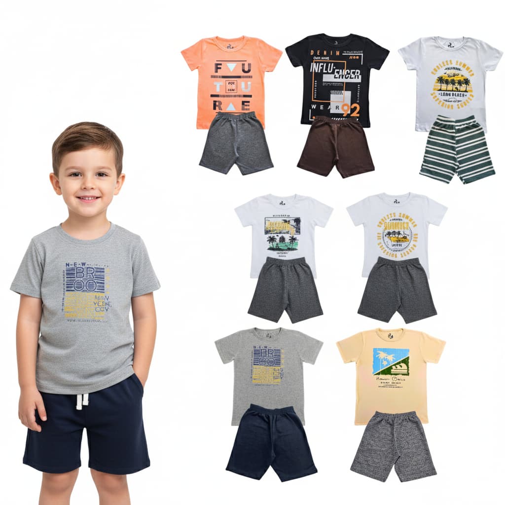 Kit 1 Conjunto 2 Peças Infantil Masculino Camiseta e Bermuda Algodão Moda Casual Dia a Dia Verão