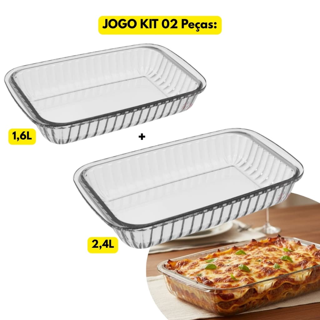 Jogo Kit 02 Assadeiras Lasanheira Marinex Vidro Retangular Canelada 1,6L + 2,4L Travessa Refratário