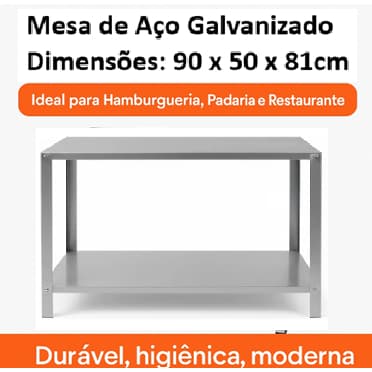 Mesa de Aço Galvanizado 90x50x81cm – 2 Prateleiras Reforçadas para Cozinha Industrial, Restaurante e Hamburgueria