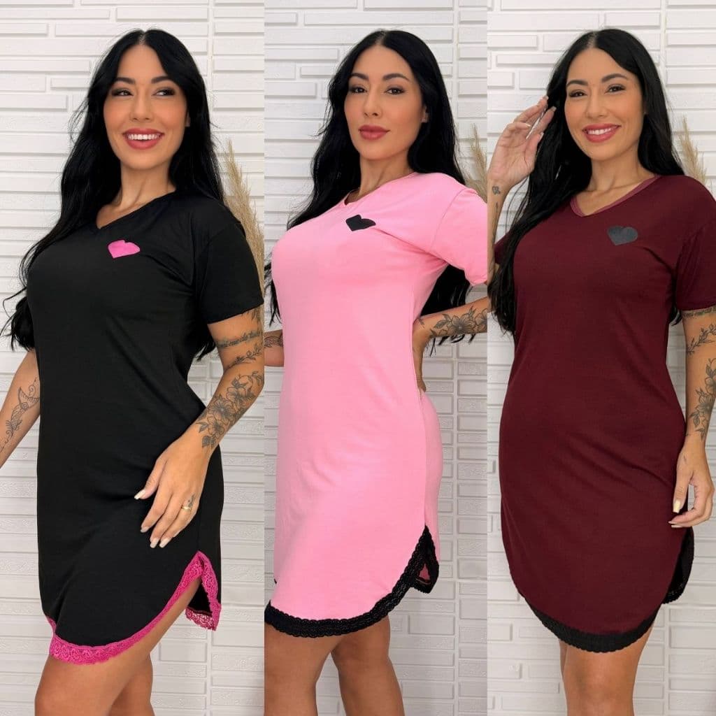 Camisola Feminina Manga Curta Malha Suede Vestido Pijama Feminino Confortável Elegante Comportada