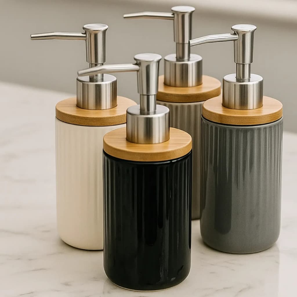 Dispenser Porta Sabonete Líquido 250ml Elegante Bambu Pump Banheiro Lavabo