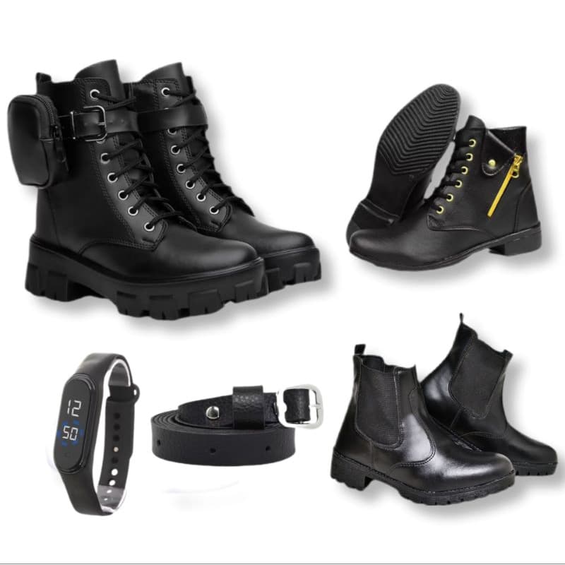 Kit Coturno Feminino Com Bolsinha + Bota Cano Baixo com Zíper fake+ Bota Cano Baixo de Elástico+ Relogio + Cinto