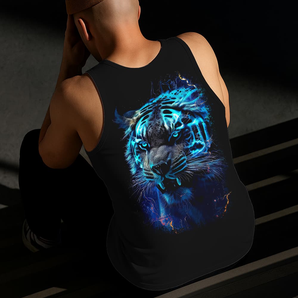 Camiseta Regata Masculina Estampada Tigre Azul 100% Algodão Estilo Conforto Diário Do Tamanho P ao GG