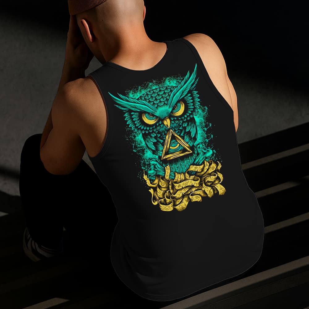 Camiseta Regata Masculina Estampada Coruja Misteriosa Algodão Estilo Conforto Diário Do Tamanho P GG