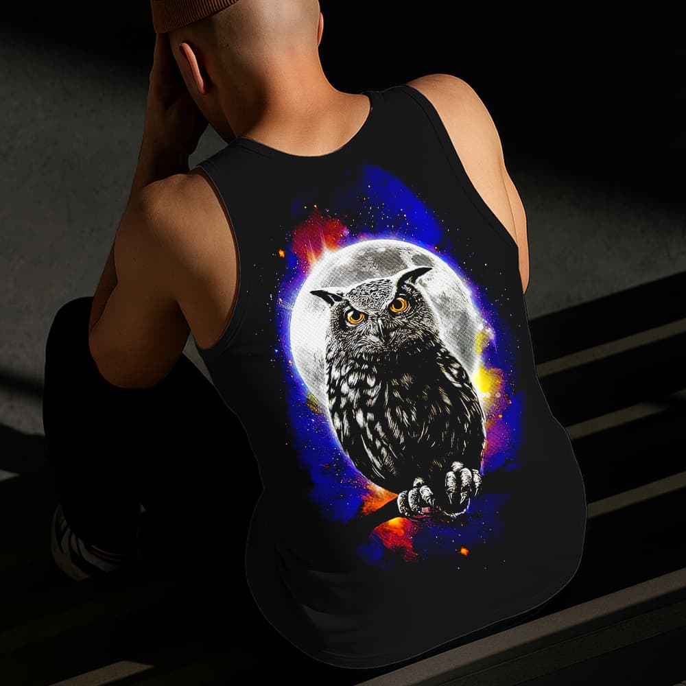 Camiseta Regata Masculina Estampada Coruja Noite 100% Algodão Estilo Conforto Diário Do Tamanho P GG