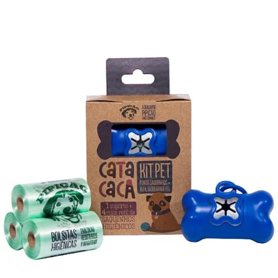 Kit Pet Higiênico Porta Cata Caca AZUL Suporte +  04 Refis Rolos de Saquinhos