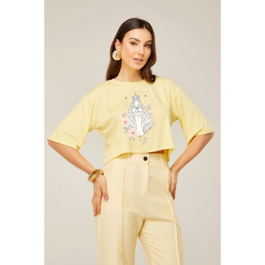 Cropped Oversize Candy Colors Religiosa Estampa Nossa Senhora com Flores | Viscolycra Premium