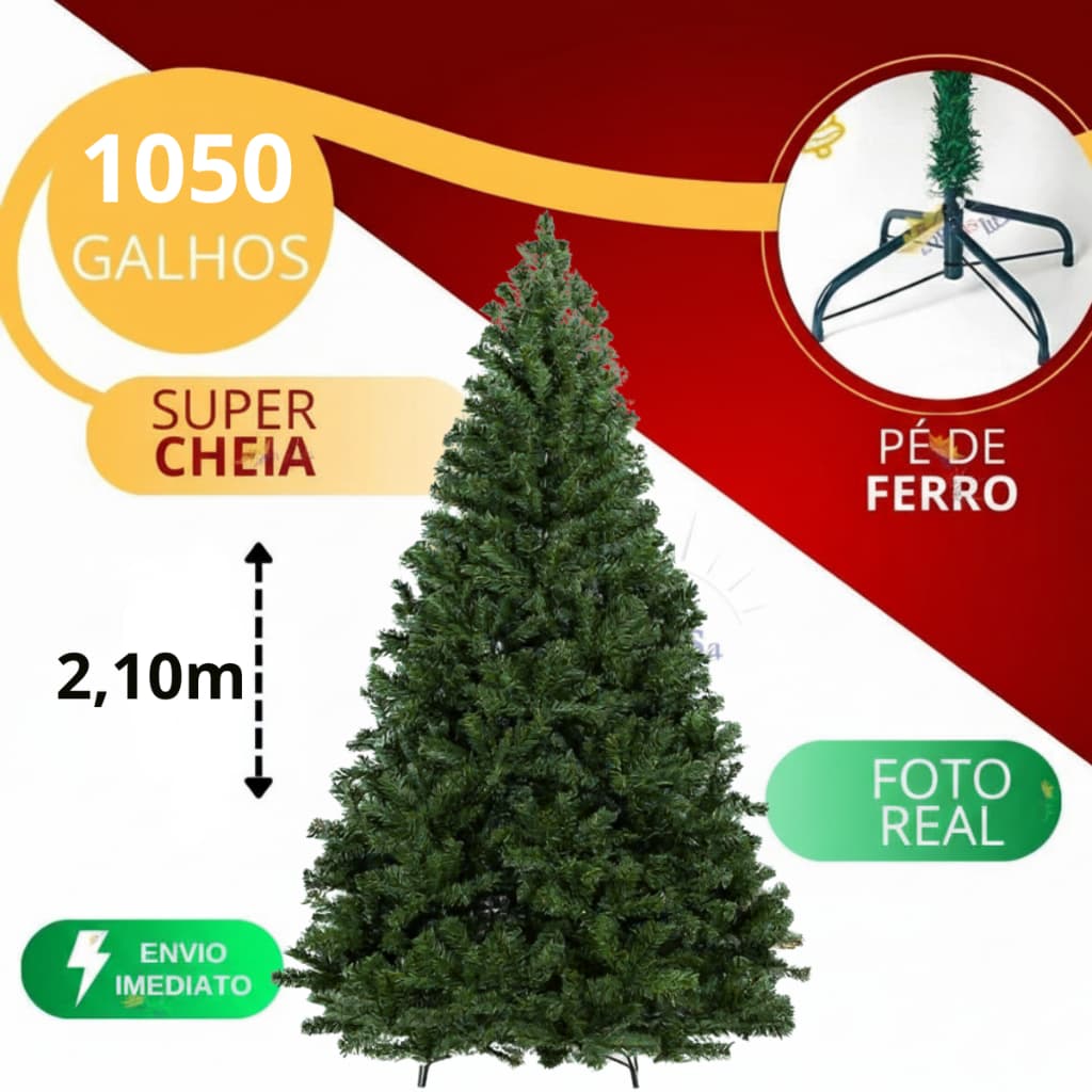 Árvore Natal 210 cm 1050 Galhos PVC com Base Ferro –  Luxuosa, Cheia, Pinheiro, Verde
