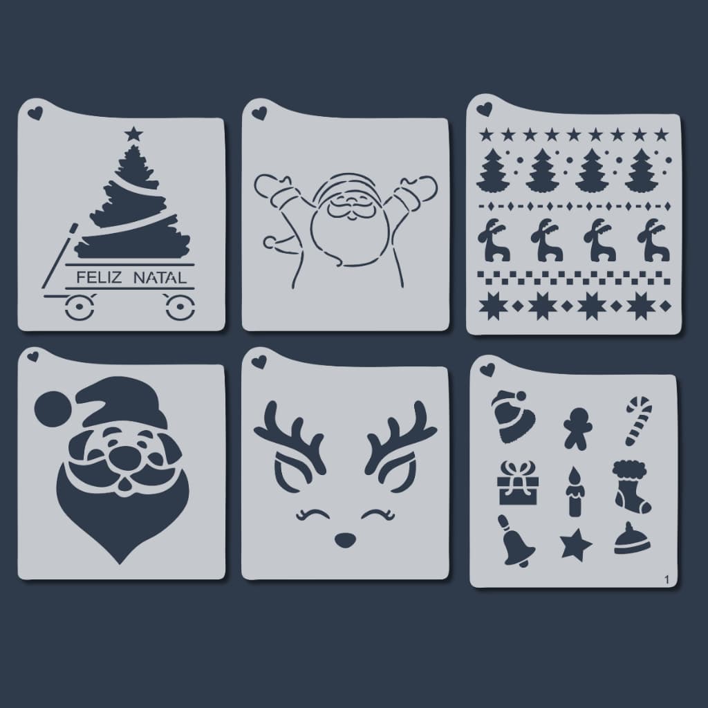 Kit 6 Stencil Feliz Natal Árvore Rena Papai Noel Molde Vazado para Pintura em Tecido, Pano de Prato