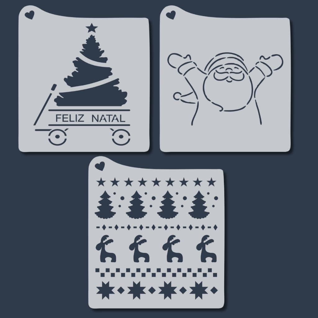 Kit 3 Stencil Natal Papai Noel Árvore Natalina Molde Vazado para Pintura em Pano de Prato, Tecido