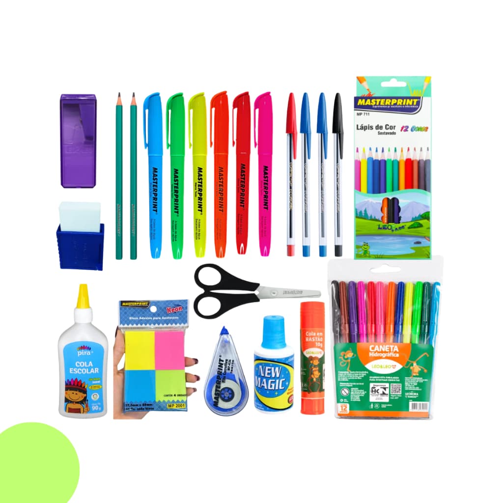 kit 47 Itens Material Escolar Volta as aulas ensino fundamental médio Básico caneta lápis marca texto borracha corretivo