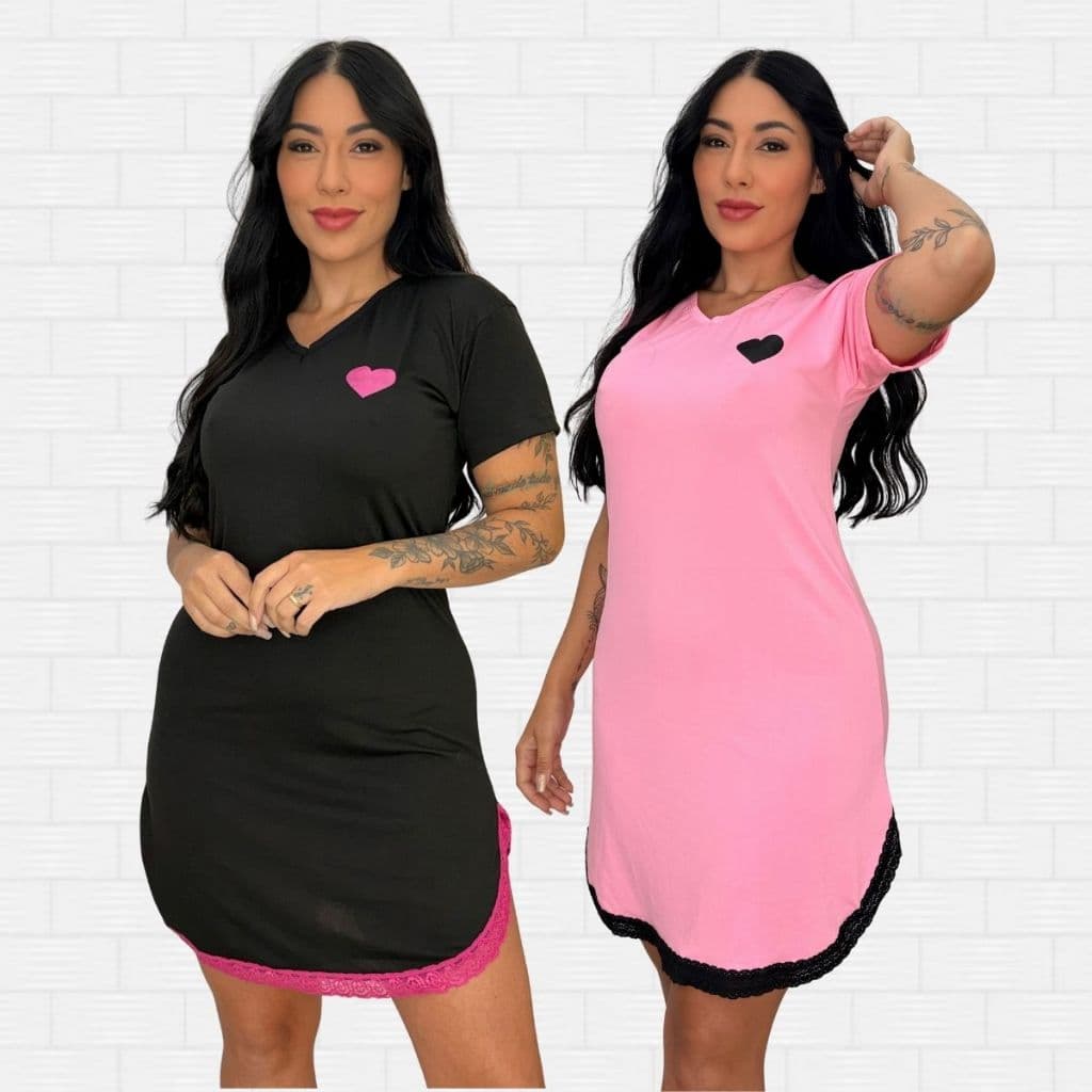Kit 2 Camisola Feminina Estampada Camisão Longo Até o Joelho Pijama Feminino Malha Suede Vestido