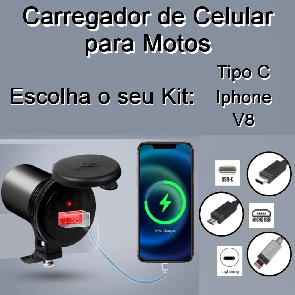 Carregador De Guiador De Moto À Prova D'água 12V Fonte Alimentação USB Para Celular + Cabo a escolha