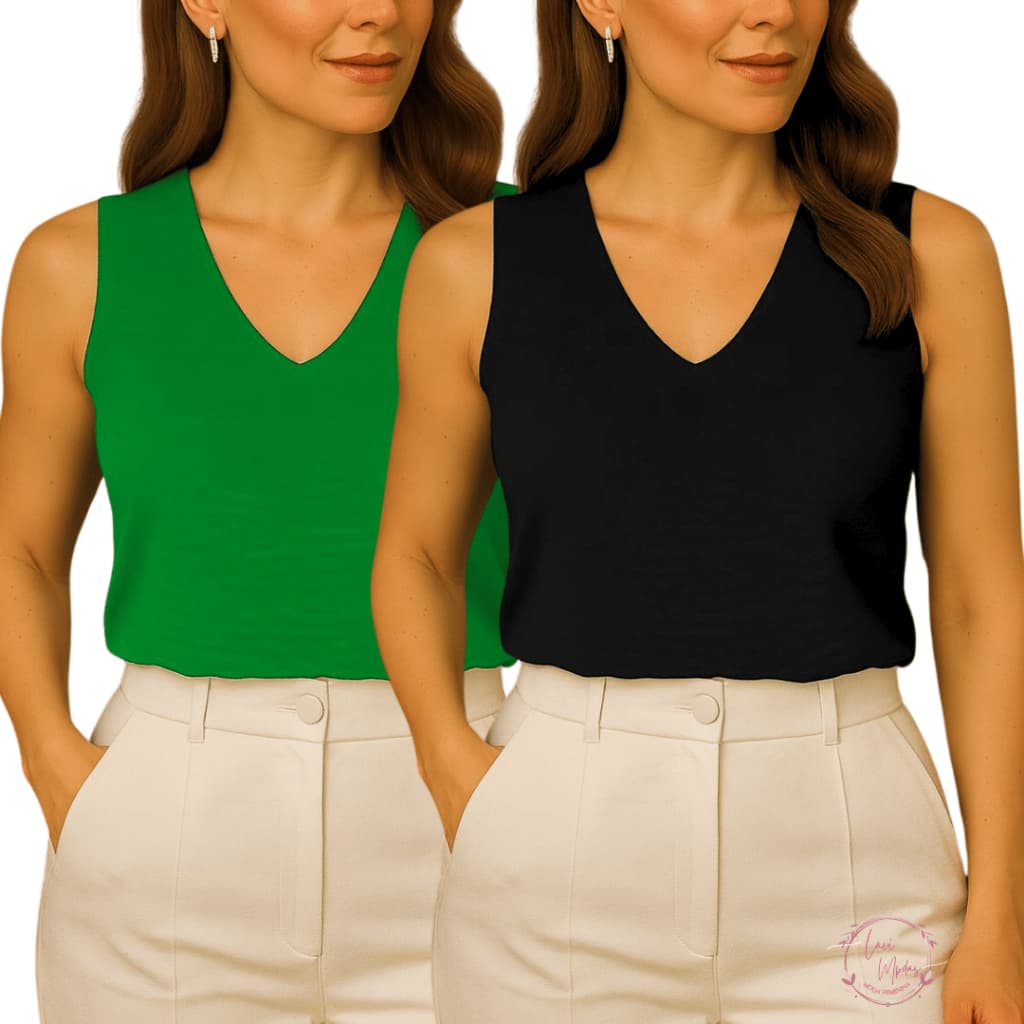 Blusa Regata Feminina Tecido Duna Lisa Versátil Corte V Alça Larga