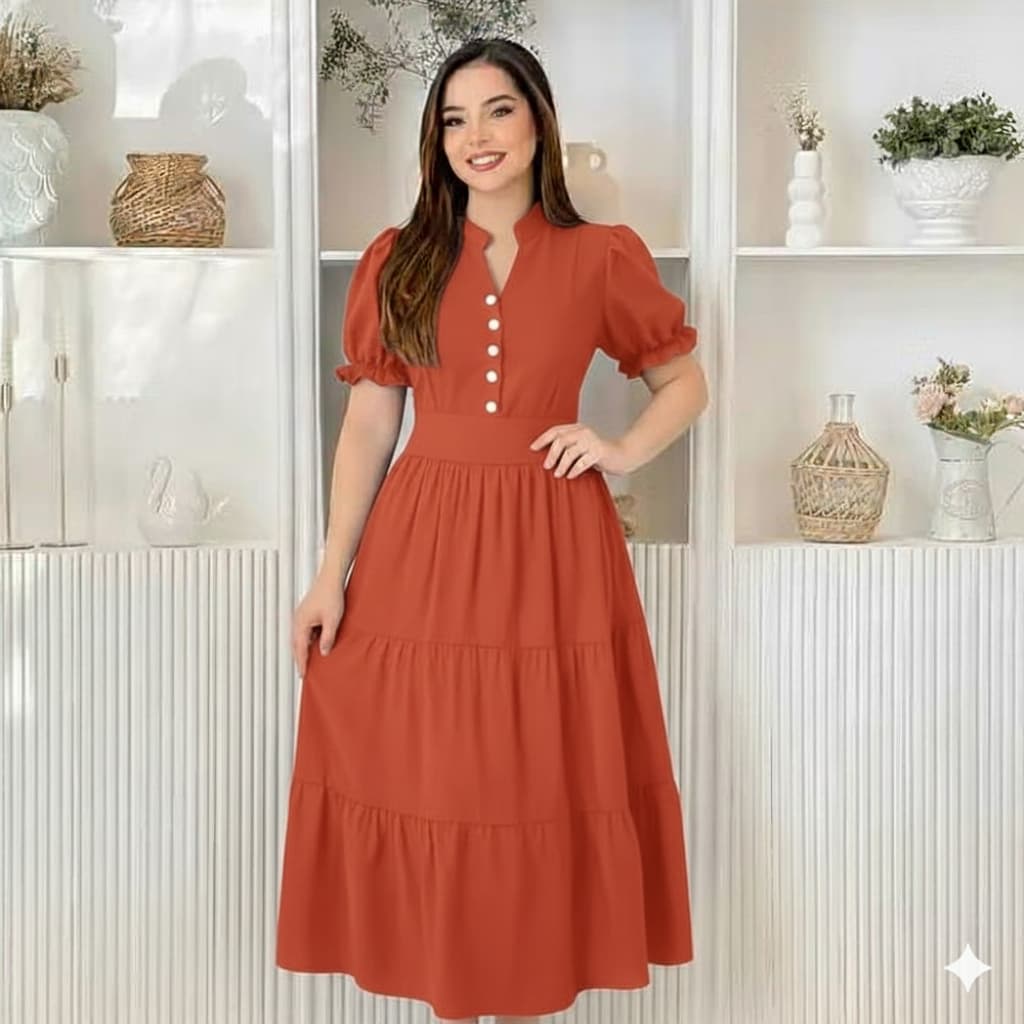 Vestido midi femenino evangelica com manga princessa elastex nas costas e forrado tecido algodao
