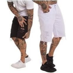kit 2 Bermuda e branca + Preta Masculina Jeans Rasgada Destroyed