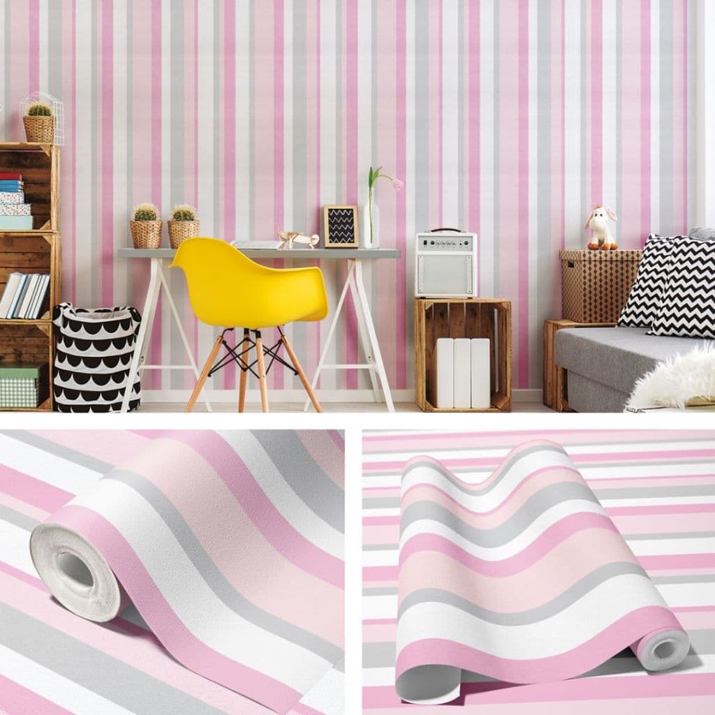 Papel De Parede Infantil Listras Rosa Branco Cinza Para Quarto Sala Adesivo Lavável Vinílico 10m
