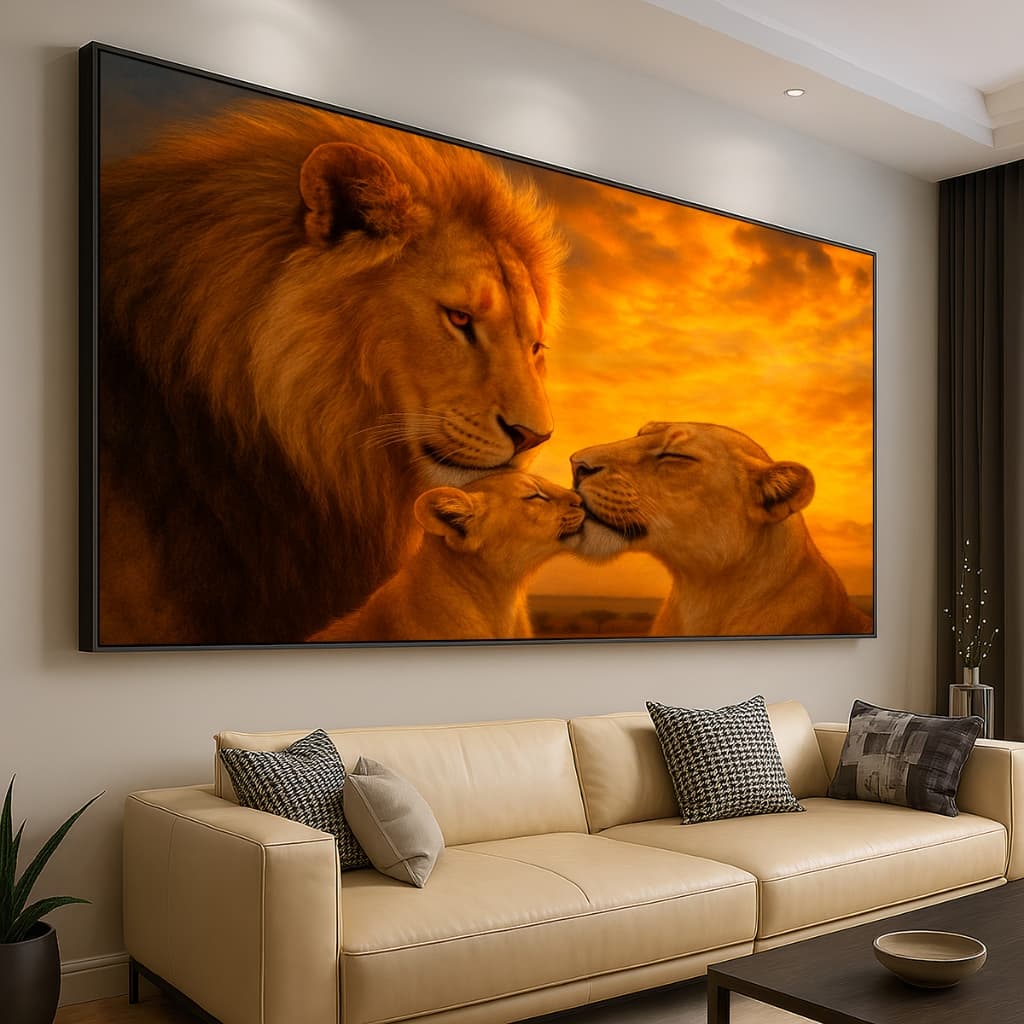 Quadro Decorativo GRANDE Alta Resolução Escritório Quadro Familia de leão com 1 filhote horizontal 2